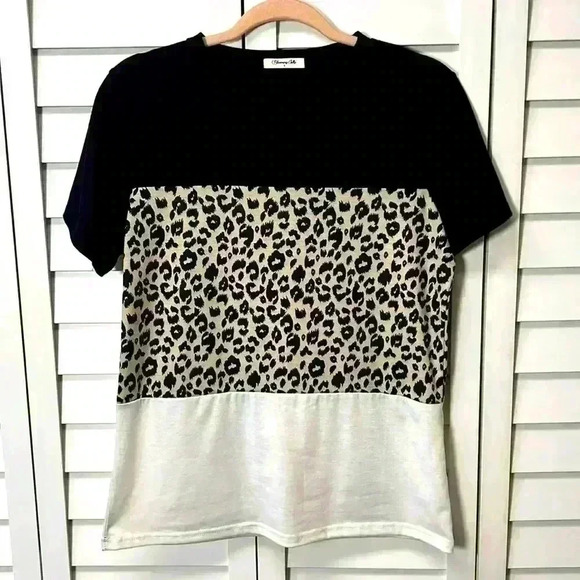 Blooming Jelly Colorblock Leopard Print Casual Short Sleeve Top Size Small - Picture 1 of 5